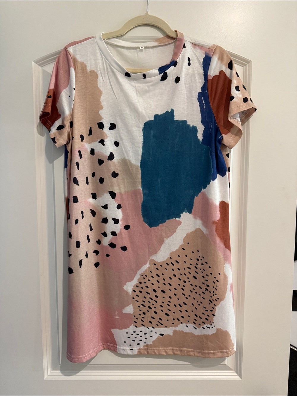 Abstract Print Short Sleeve Women's Dress - White/Pink/Blue